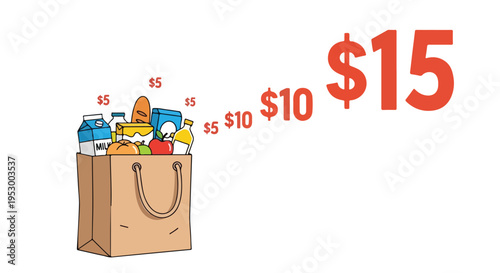 Flat 2D illustration of a grocery bag with various items and price tags in a crisis of inflation with rising costs.