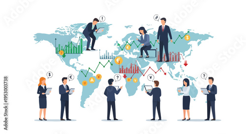 Flat 2D illustration of business professionals standing on a global map with economic graphs and uncertainty symbols in a colorful, stylized scene.