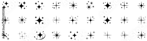 Sparkle star icon set with twinkle, starburst, shine, glitter, flash, glow, flare, shimmer symbols. Clean star shapes for rating icons, UI elements, festive signs, vector