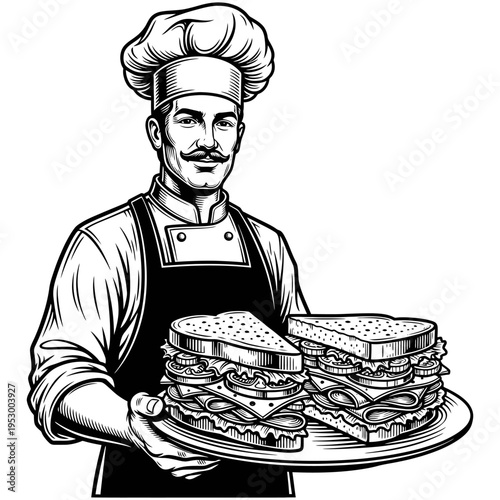 Professional chef in uniform presenting a freshly baked round loaf of bread on a platter, showcasing culinary expertise