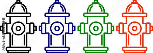 Four outlined fire hydrant icons in red blue green black on transparent grid background