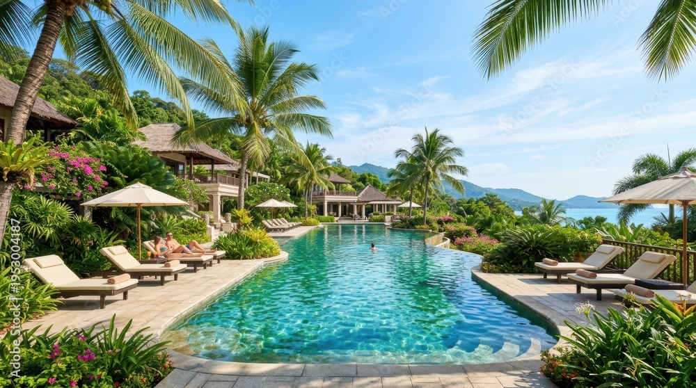 Fototapeta premium Luxury tropical resort infinity pool with palm trees and ocean view