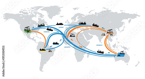 Flat 2D illustration of a world map with oil shipping route lines and icons on a clean white background.