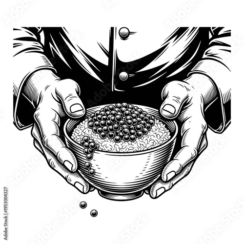 Chef's hand elegantly presenting a perfectly grilled steak on a platter, a classic vintage engraving for culinary concepts and upscale restaurant menus