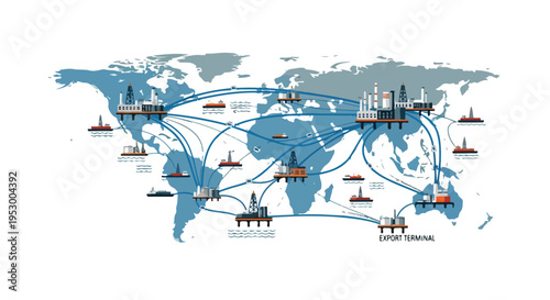 Flat 2D illustration of a world map showing global shipping routes and oil transportation paths with marked locations.