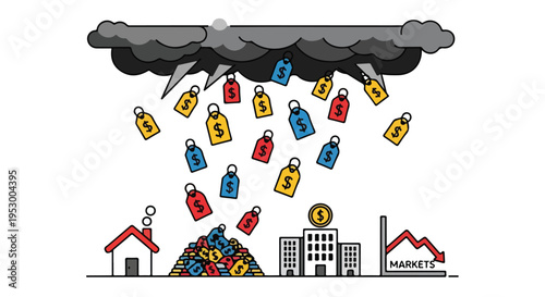 Illustration of a financial crisis with colorful money bags falling from a dark cloud over a cityscape with buildings and a market, conveying a sense of economic inflation in a flat 2D style.