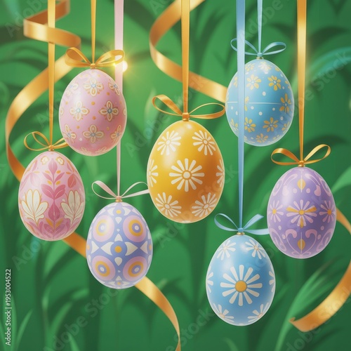 A colorful illustration of hanging Easter eggs with ribbons