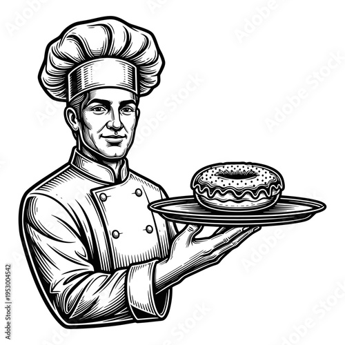 A skilled chef in a classic toque hat proudly presents a delicious, frosted donut on a silver platter, showcasing culinary artistry and bakery delights