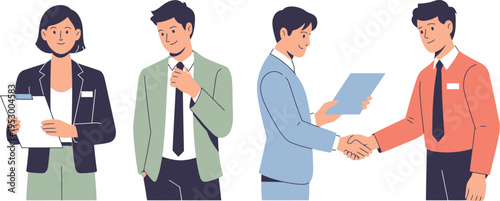 Business professionals standing together and holding important documents.