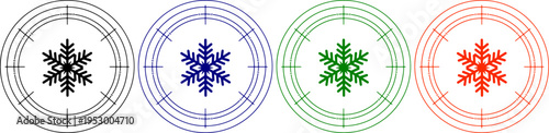 Four snowflake icons in different colors black blue green and red on transparent background for winter season