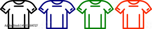Four t shirt icons in different colors black blue green and red on transparent background for clothing
