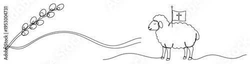 Easter lamb carrying a cross flag next to pussy willow branch in continuous line art style