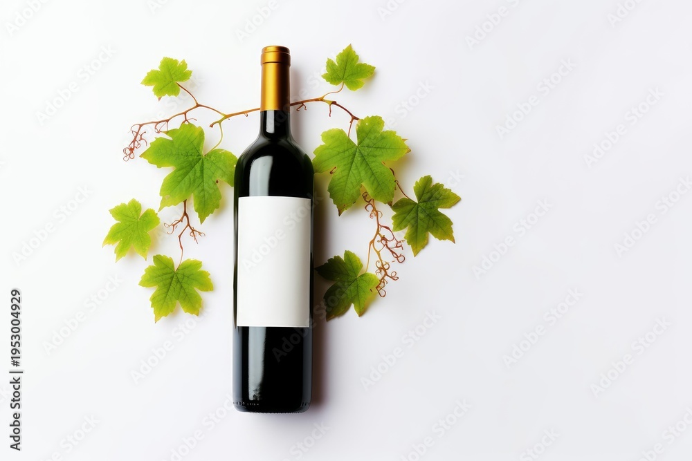 Obraz premium Dark wine bottle featuring a blank label surrounded by green vine leaves on a white background