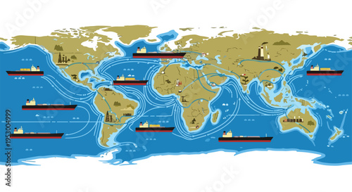 Flat 2D illustration of a world map with shipping routes and oil tankers on blue oceans and continents in brown, against a clean white background.
