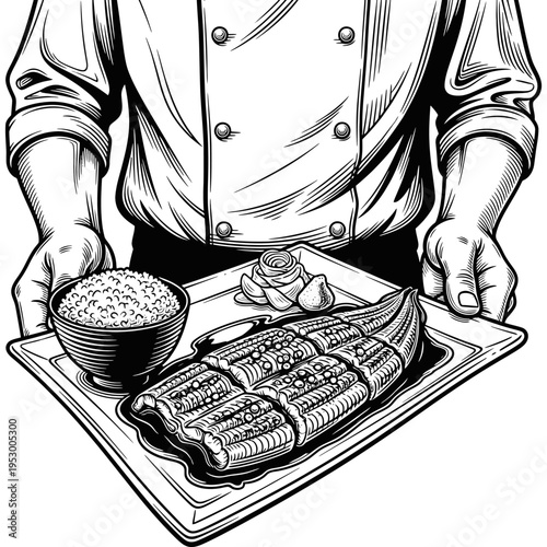 Japanese Chef Presenting a Delectable Plate of Unagi and Rice, a Culinary Masterpiece