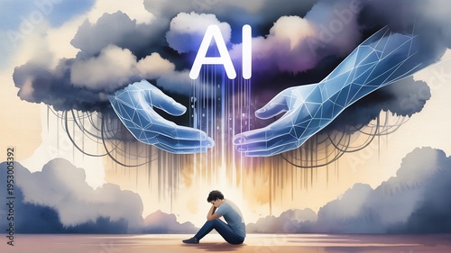 Man Sitting Under AI Cloud with Hands and Cables