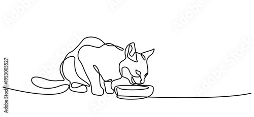 Cat drawn with a black line. Cat eating from a bowl, one line drawing. Pet. Pet food concept, cat care, veterinary, healthy and satisfying food for a pet. Illustration