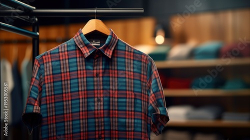 A photo of a classic plaid shirt on a hanger.