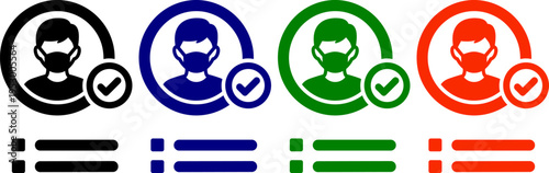 Icons of masked person with checkmark in black blue green and red for verification purposes