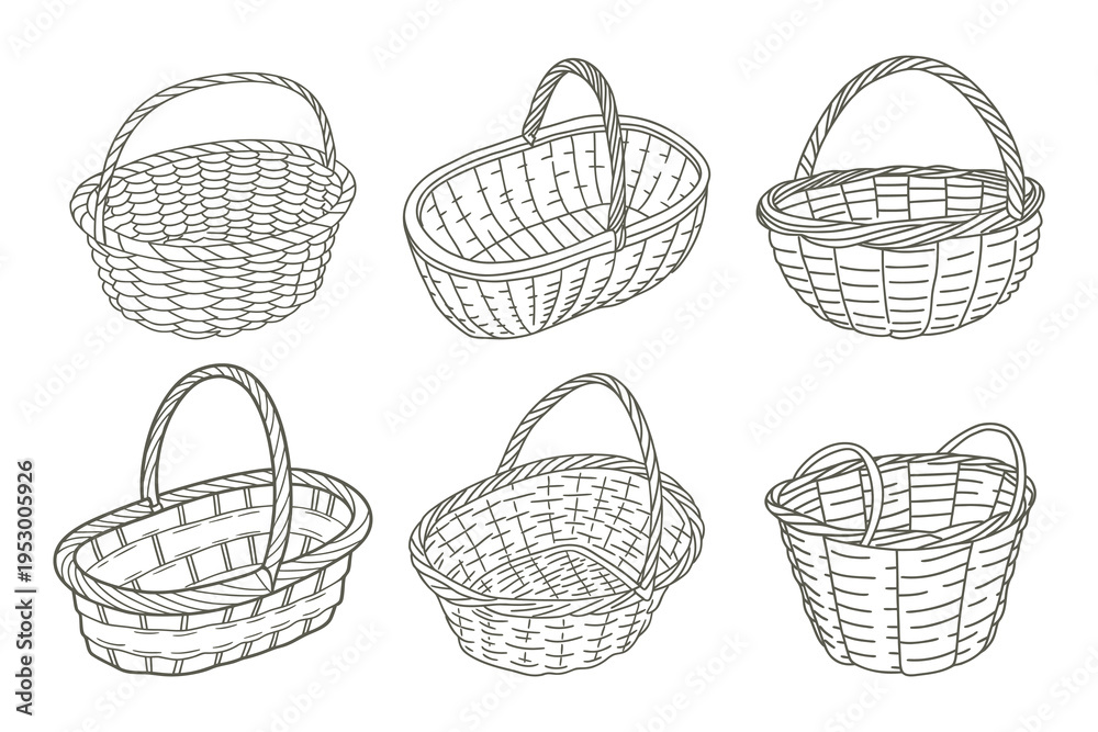 Obraz premium Set of hand drawn wicker baskets isolated on white background. Sketch.