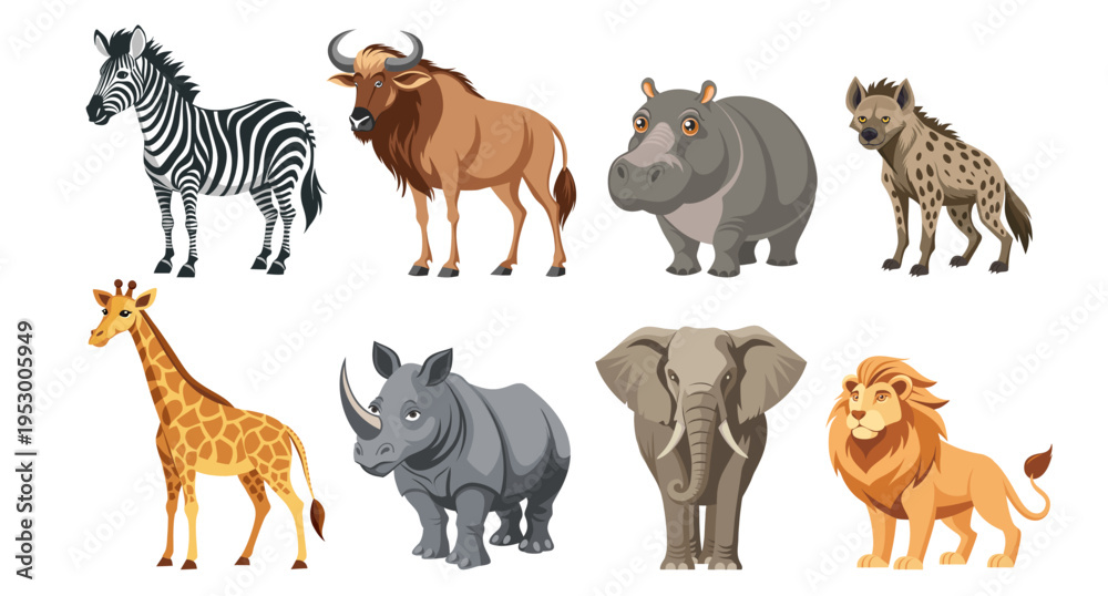 Naklejka premium African animal collection. Wildlife set. African giraffe, rhinoceros, elephant, hippopotamus, zebra, lion, hyena. Illustration.