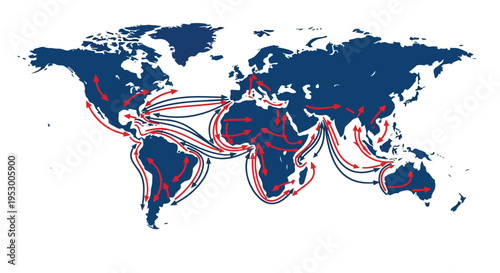Flat 2D illustration of a world map with red and white shipping routes on a blue background, highlighting global oil trade paths.