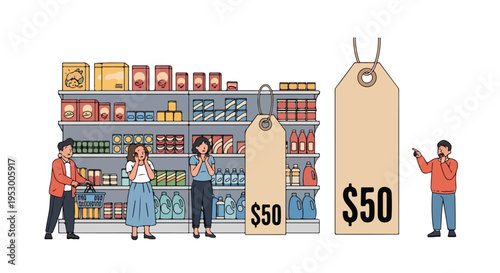 Illustration of people standing in front of a grocery store shelf with large price tags indicating inflation and crisis, flat 2D design.