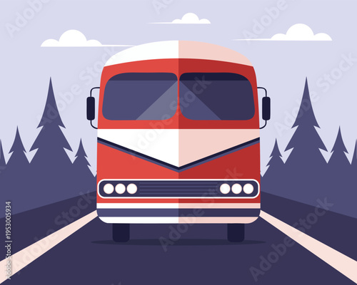 Red and white bus on a road. Front view of a retro van. Illustration.