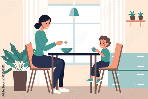 Mother feeding child. Mother and son having breakfast together at home. Illustration.