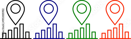 Location pin markers above bar chart graphs for statistics and analytics black blue green orange