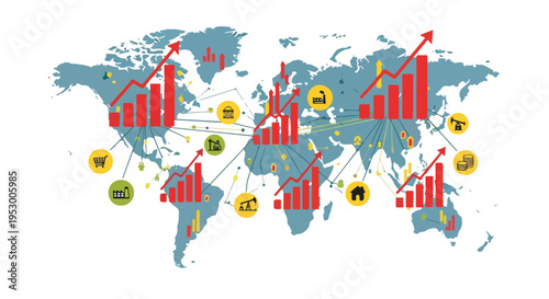 Flat 2D illustration of a world map with red graphs and yellow icons indicating global economic inflation and crisis trends on a white background.