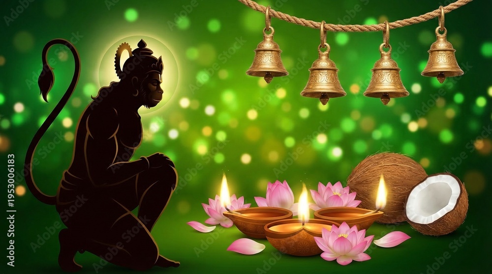 Naklejka premium Lord Hanuman Silhouette Vector with Diya Lamps, Lotus Flowers, Temple Bells, and Coconut for Hanuman Jayanti and Hindu Festivals Background