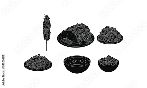 Illustrations of various stages of bamboo shoot preparation and serving