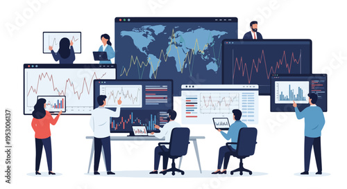 Flat 2D illustration of a team analyzing global economic data on multiple screens with uncertainty, in a modern office setting.