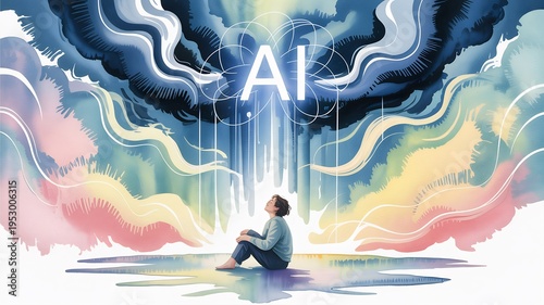 Man Contemplating AI Concept with Colorful Abstract Background