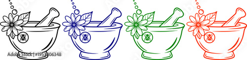 Mortar and pestle with flower icons set in black blue green and orange outline for herbal medicine