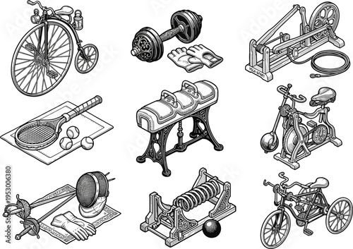 Vintage Sports and Exercise Equipment Collection Black and White Vector Illustration - Penny Farthing Bicycle Dumbbell Pommel Horse Exercise Bike Fencing Gear Tricycle Spring Device Isolated on White 