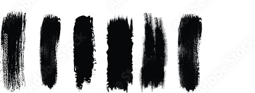 Six black brush strokes on a white background varying in texture and width resembling hand painted lines or abstract art