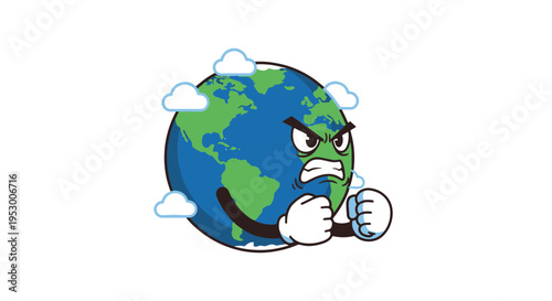 Angry Earth Character with Fists Up in the Air and Clouds