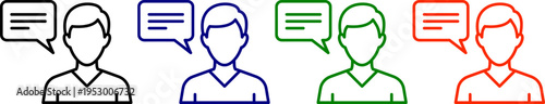 People talking icons in black blue green and red representing communication dialogue conversation and discussion