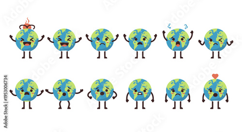 Cartoon Earth Planet Characters Expressing Various Emotions and States
