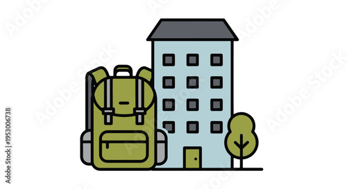 Backpack Next to a Simple Building and a Tree