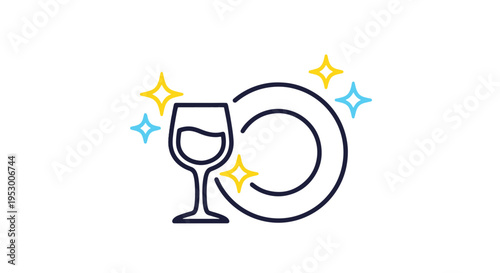 Clean Dishes and Glassware with Sparkling Stars Icon Vector