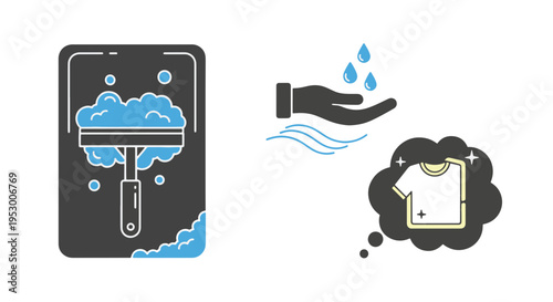 Cleaning Foam on Squeegee and Hand with Water Drops and Shirt