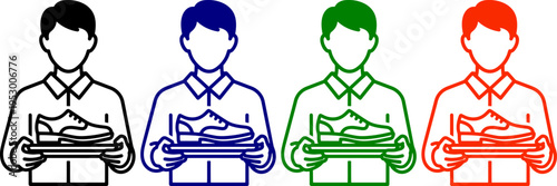 Person offering shoe on tray vector icons set with black blue green and red outlines