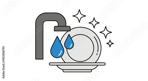 Dish Washing with Water Drops and Sparkles Flat Icon