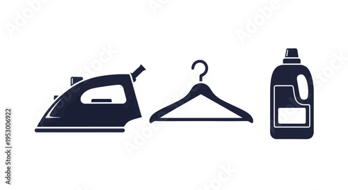 Laundry Items Iron Clothes Hanger and Detergent Bottle Icons Flat Design