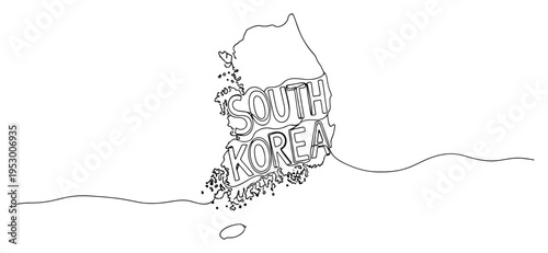 Minimalist continuous one line drawing of South Korea map with country name typography