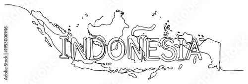 Single continuous line art illustration of Indonesia map with integrated country name text