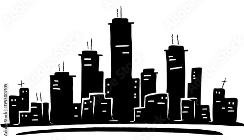 Sketch of a Cityscape Silhouette with Skyscrapers and Buildings on a Curved Line Representing the Horizon